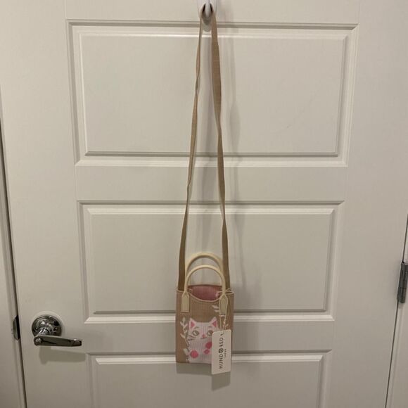 Knitted Mini Open Cross Body Bag/Phone Bag. Cat Design. Tan Multi. - Picture 5 of 8